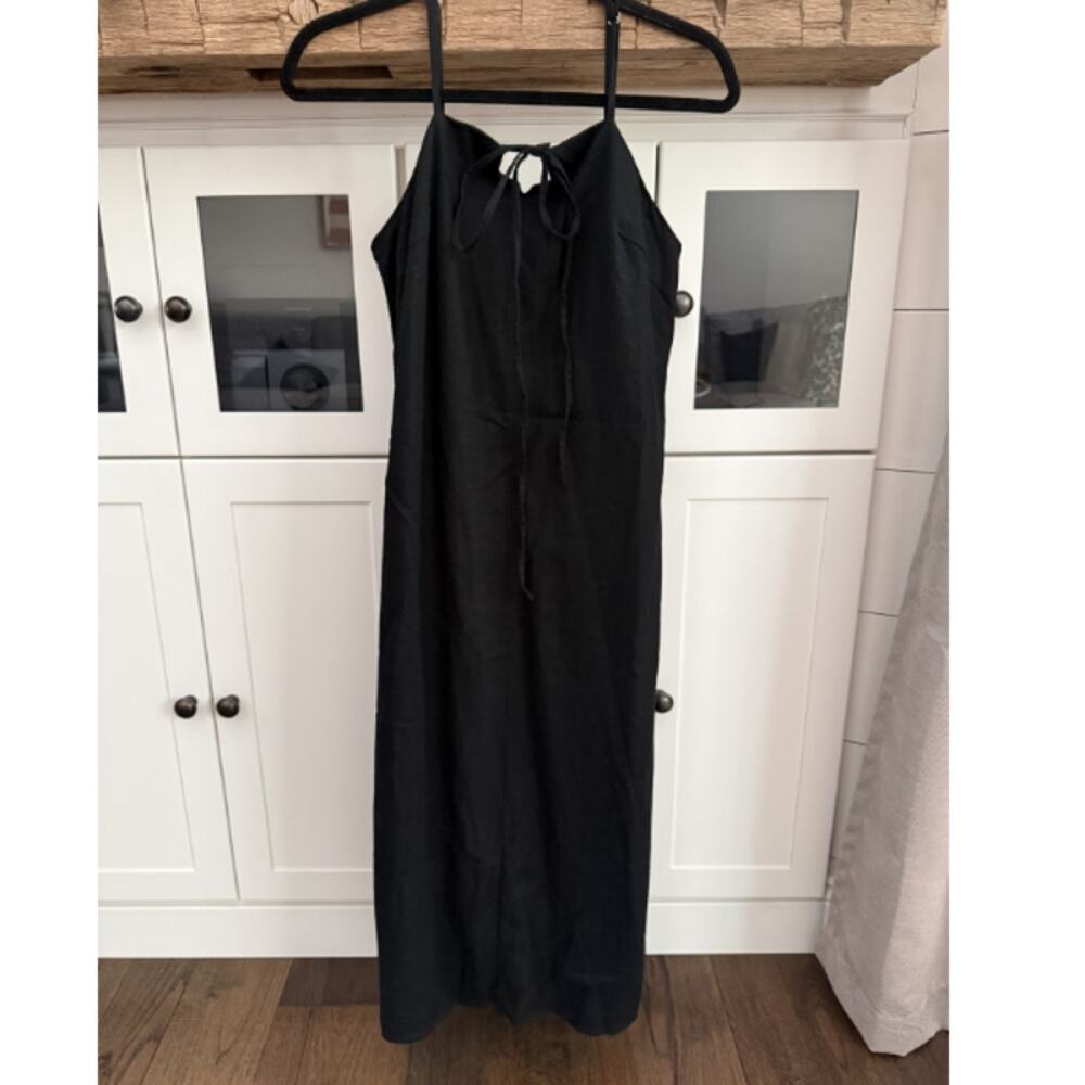 Universal Thread Black Linen Blend Halter Maxi Dress Smocked Tie Front M